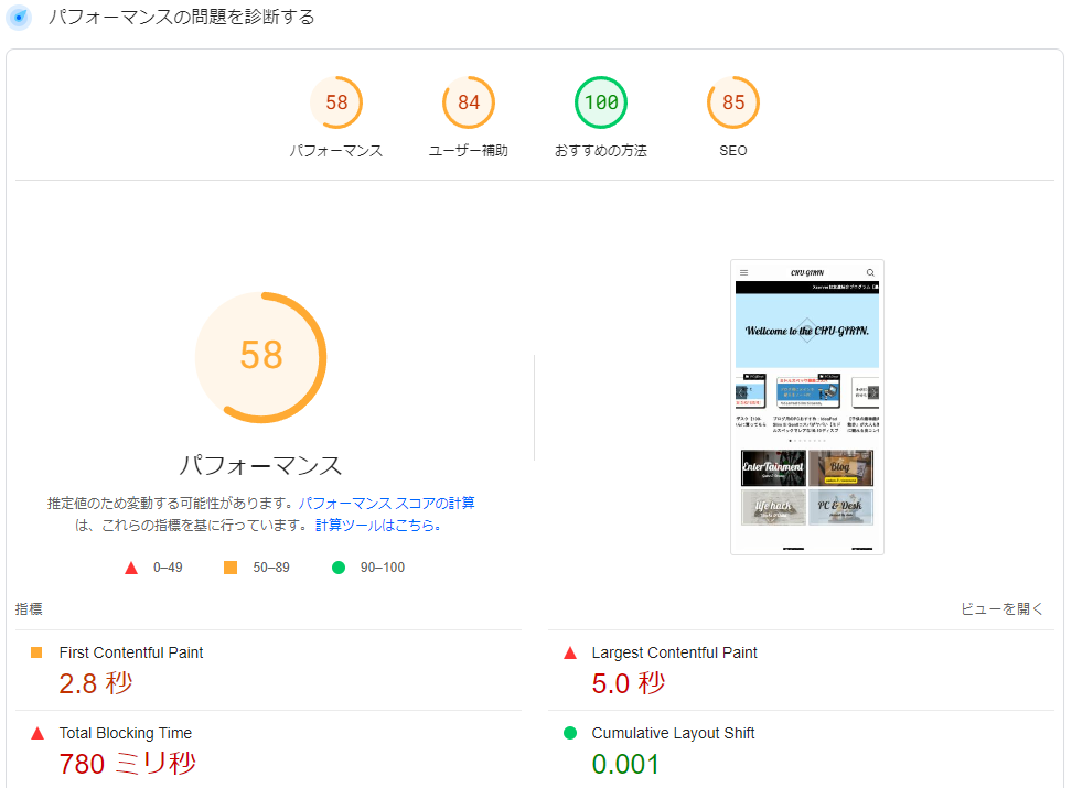 サイトスピード改善前パフォーマンスが「58点」