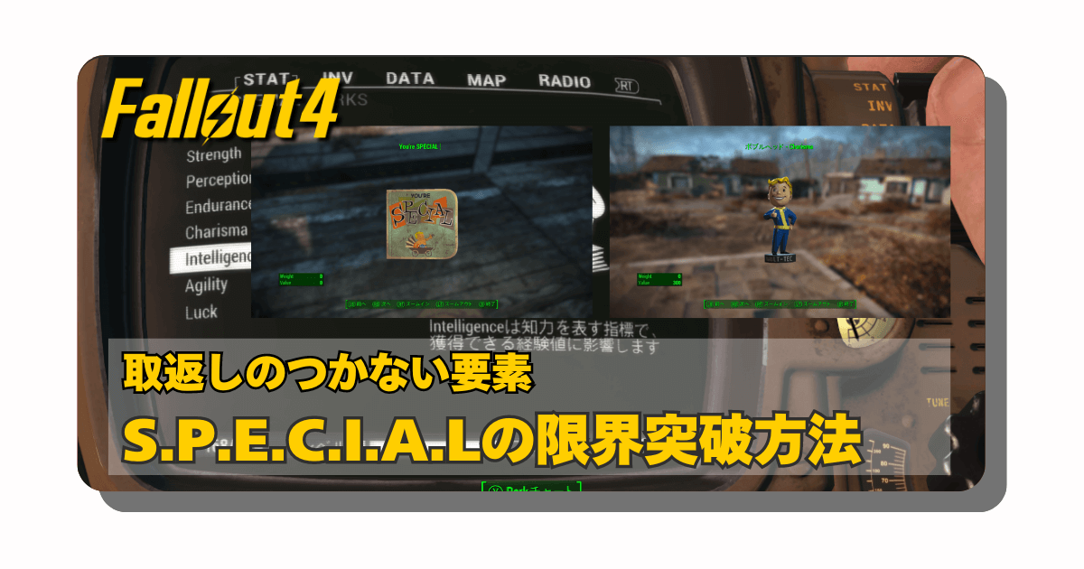 アイキャッチ：Fallout4：取返しのつかない要素「S.P.E.C.I.A.Lの限界突破」する方法と「ボブルヘッド」の使い方について【小技】